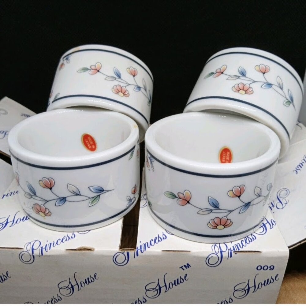 VTG PRINCESS HOUSE HERITAGE BLOSSOMS Porcelain Napkin Rings Set of 4 Made Japan